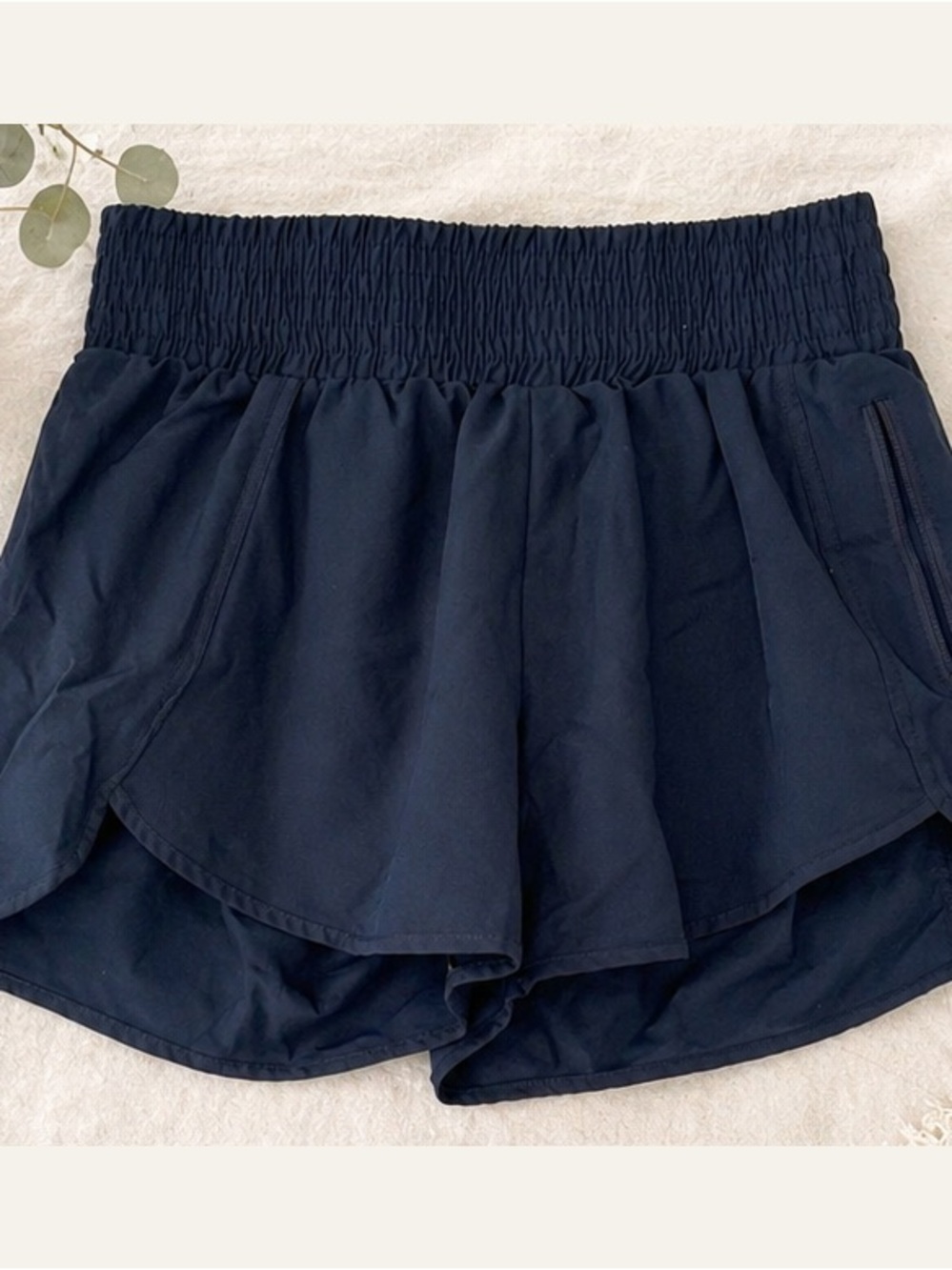 Smocked-Waist Navy Athletic shorts with Zip Pocket